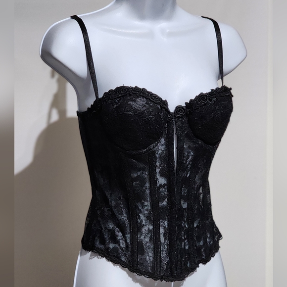 Vintage 80's 90's SHIRLEY Black Lace Sheer Corset Top 34 - Picture 3 of 5